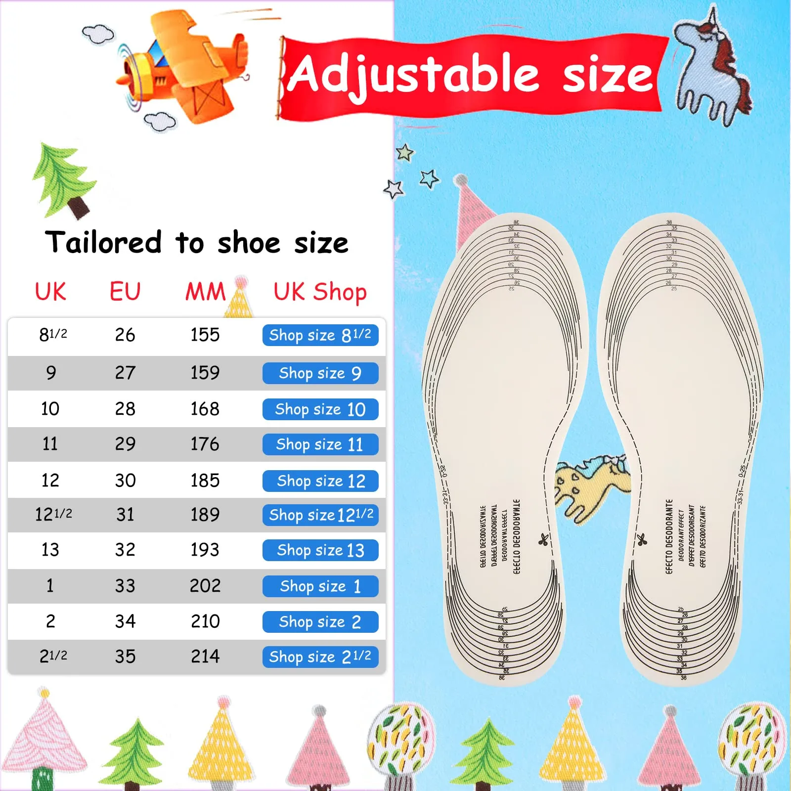 6 Pairs Quality Memory Sponge Foam Shoe Insoles for Kids, Child Replacement Shoe Inserts, Breathable, Washable, Absorb Shocks and Stay Fresh, Cut to Size (Car, Plane Styles) Car, Plane Styles