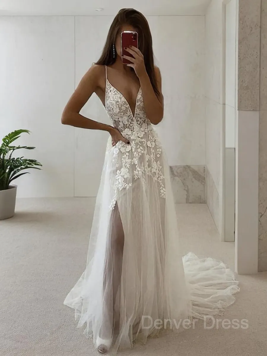 A-Line V-neck Court Train Tulle Wedding Dresses With Leg Slit