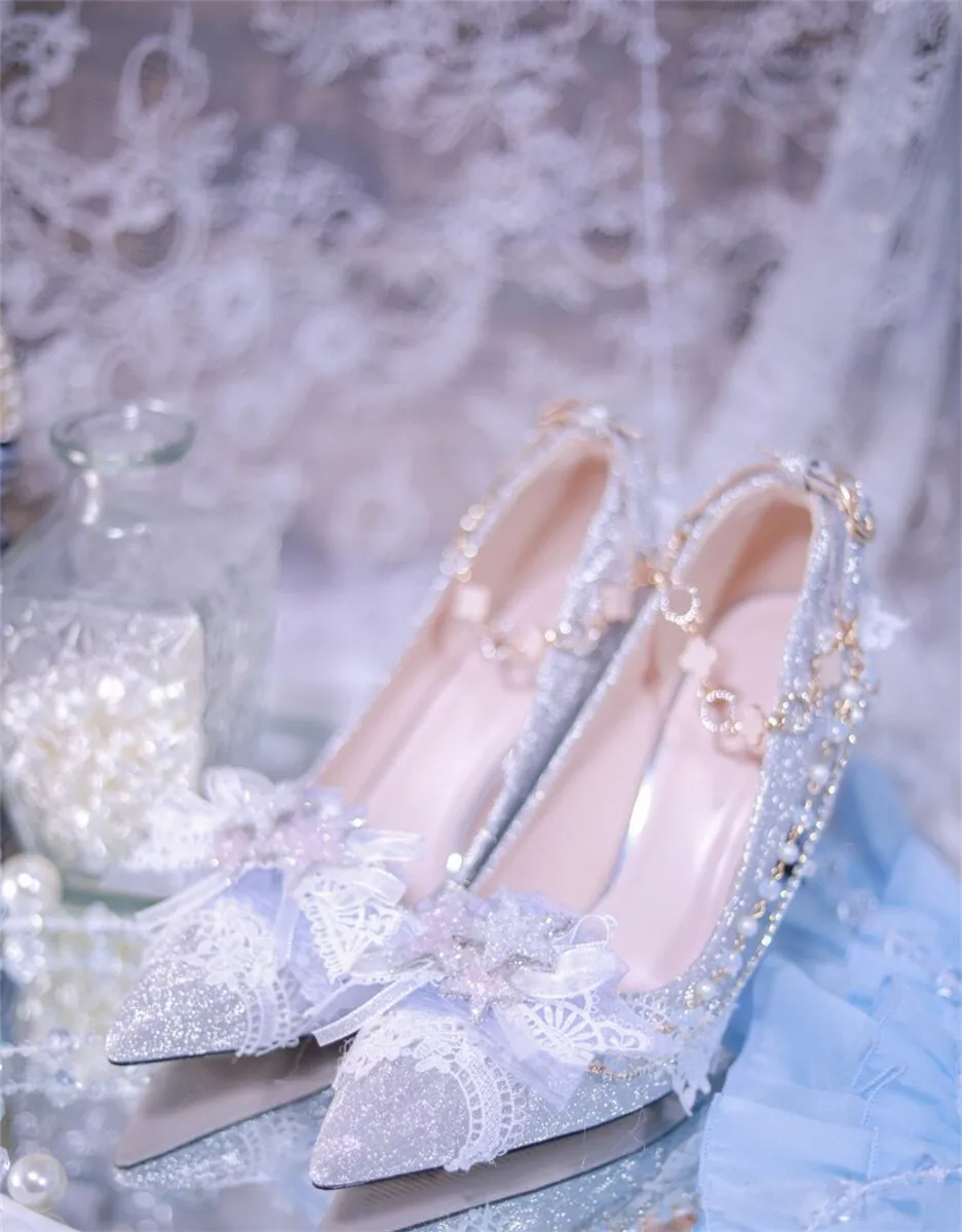 Advbridge Elegant Retro Lolita Court Style Cosplay Flower Wedding Girl Gorgeous Bow Pearl Gem Lace 6.5cm-8.5cm Pointed High Heel Shoes