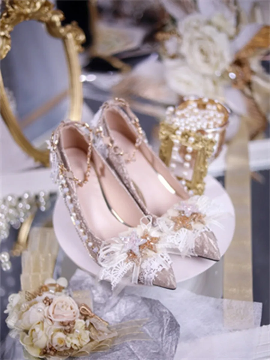 Advbridge Elegant Retro Lolita Court Style Cosplay Flower Wedding Girl Gorgeous Bow Pearl Gem Lace 6.5cm-8.5cm Pointed High Heel Shoes