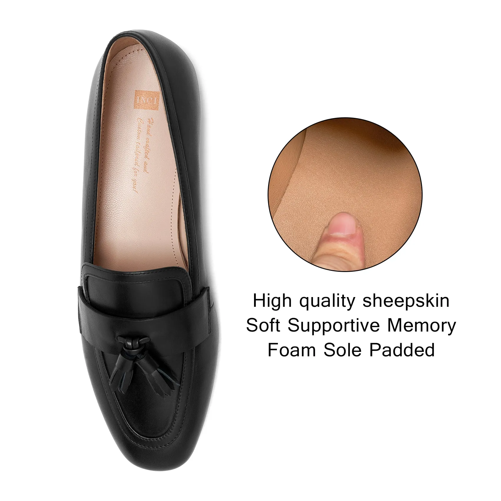 AiciBerllucci  Women's Loafer Shoes Casual  Black Calfskin  Leather Flat Shoes for Women Ladies Tassel