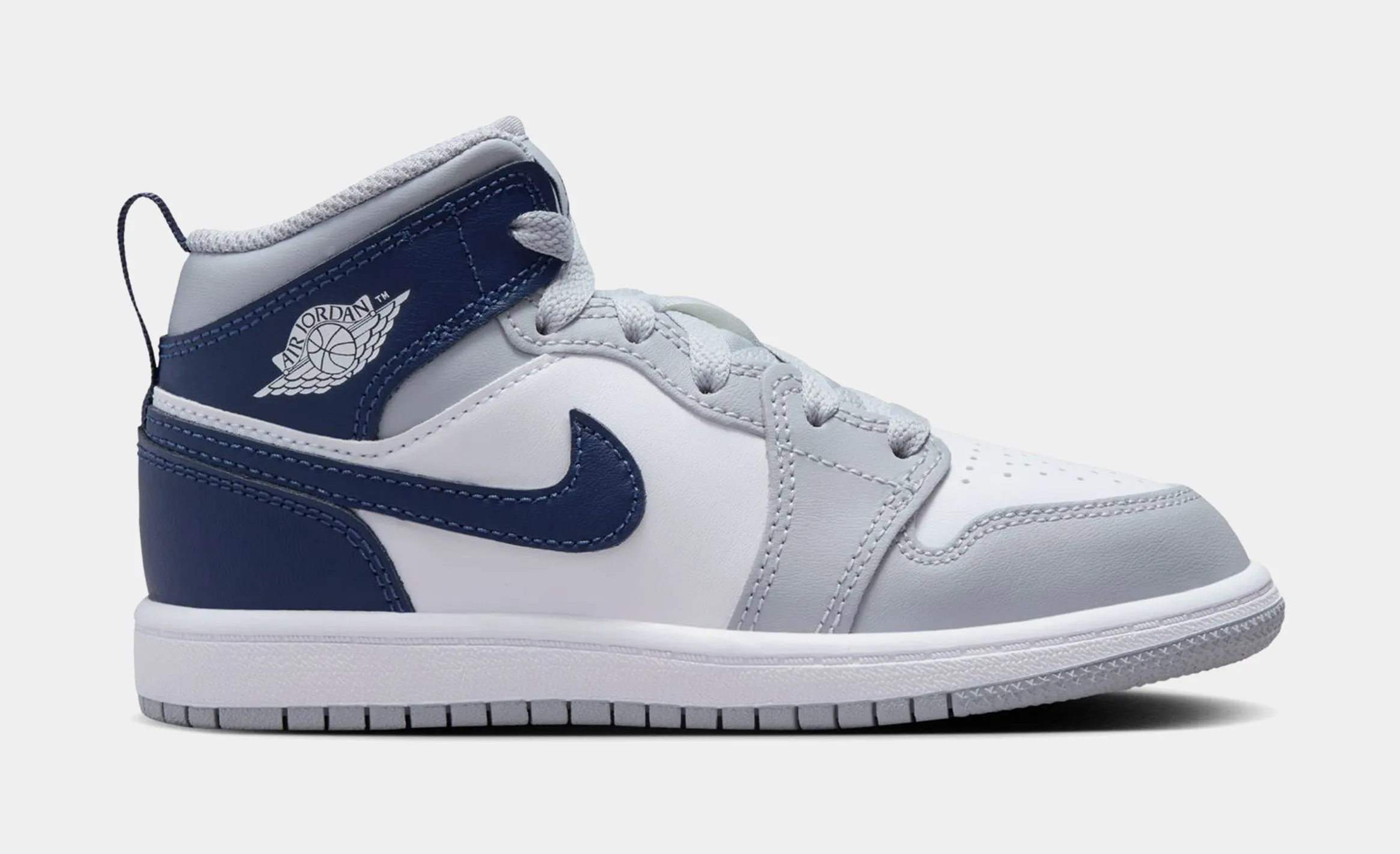 Air Jordan 1 Retro Mid Wolf Grey Midnight Navy Preschool Basketball Shoes (White/Wolf Grey/Midnight Navy)