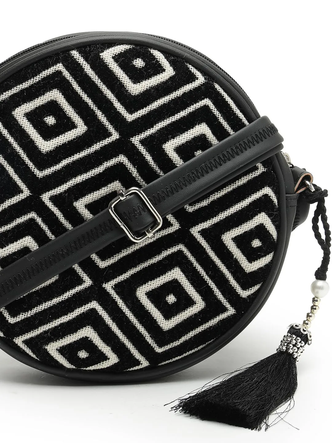 Anekaant Boho Black & Off White Diamond Cotton Jacquard Sling Bag