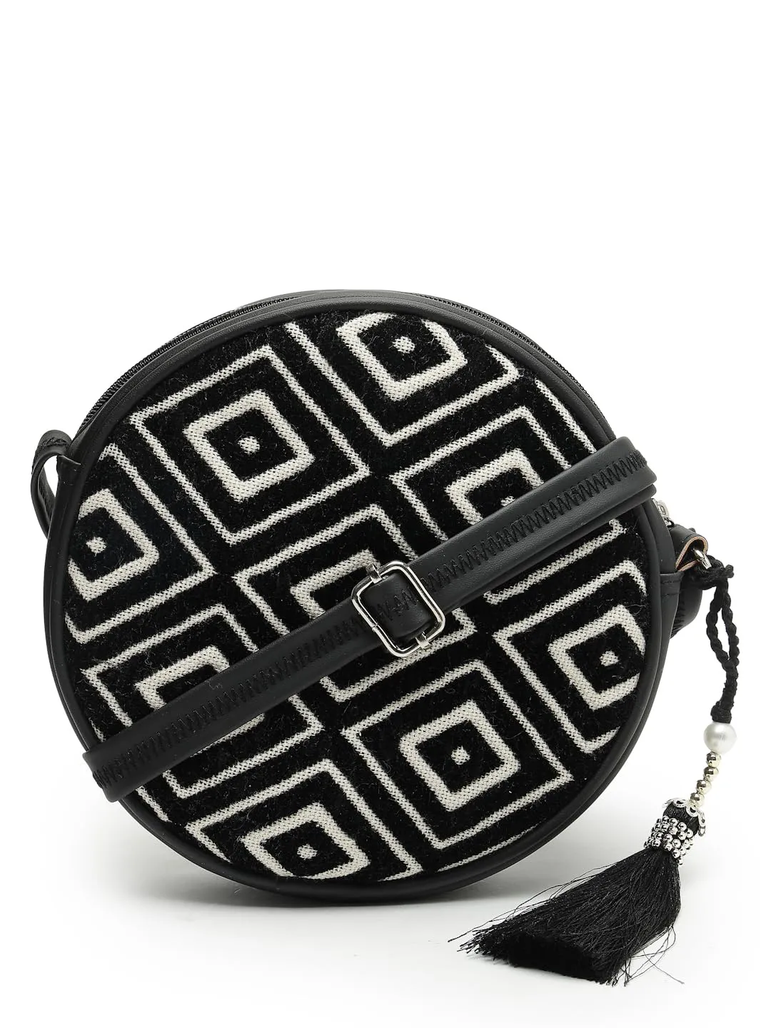 Anekaant Boho Black & Off White Diamond Cotton Jacquard Sling Bag