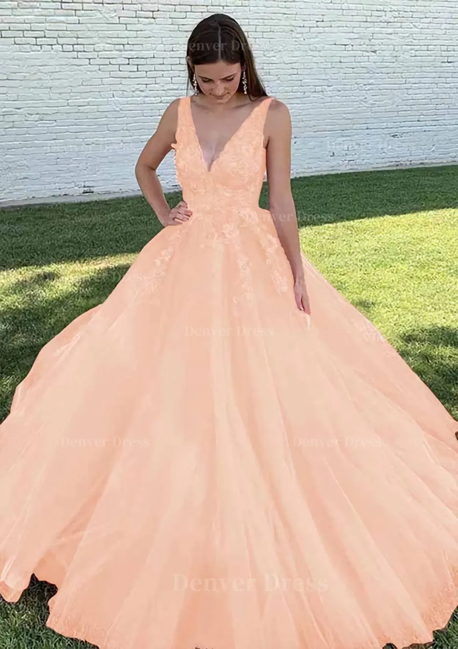 Ball Gown V Neck Court Train Lace Tulle Prom Dress With Appliqued Beading