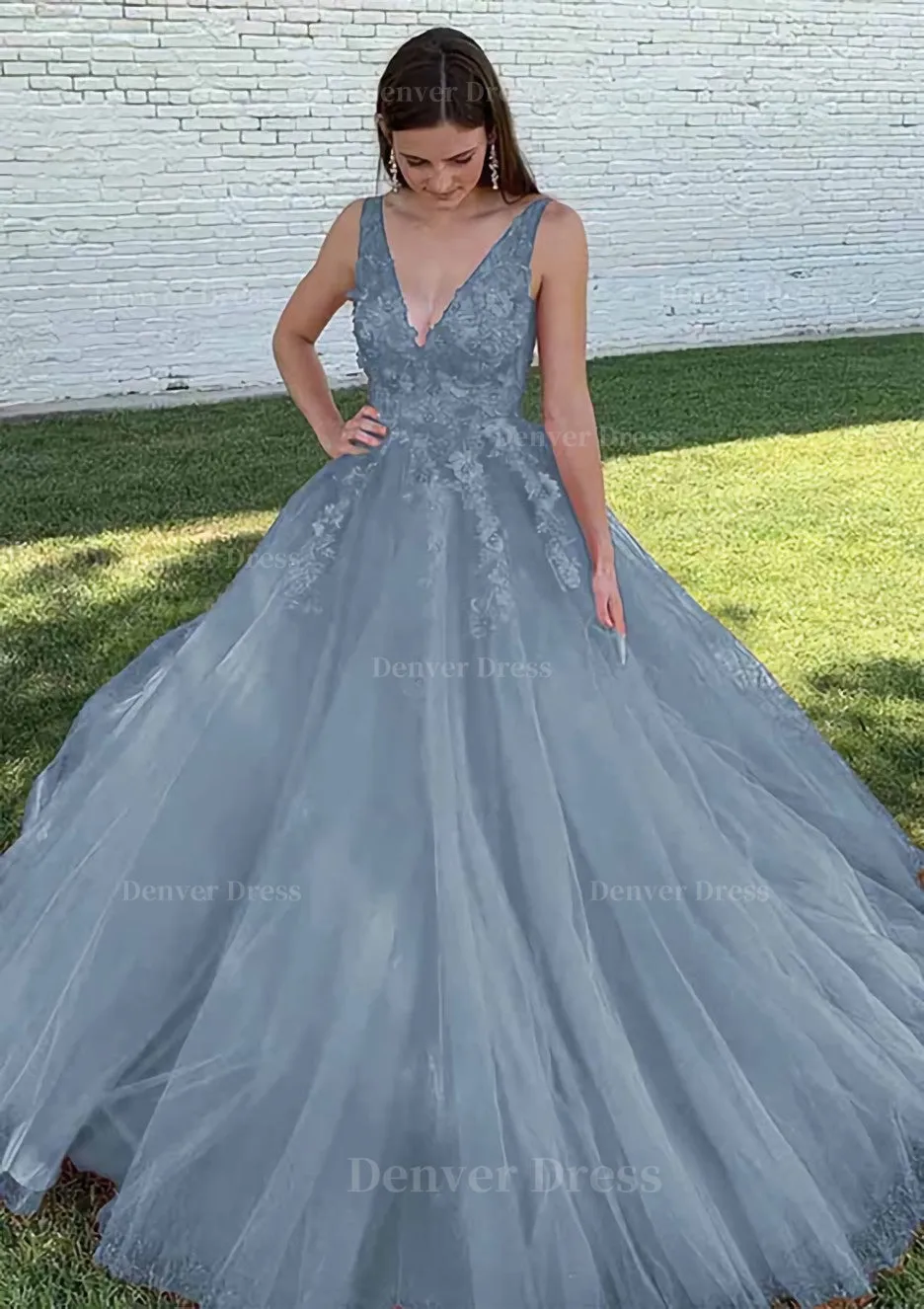 Ball Gown V Neck Court Train Lace Tulle Prom Dress With Appliqued Beading