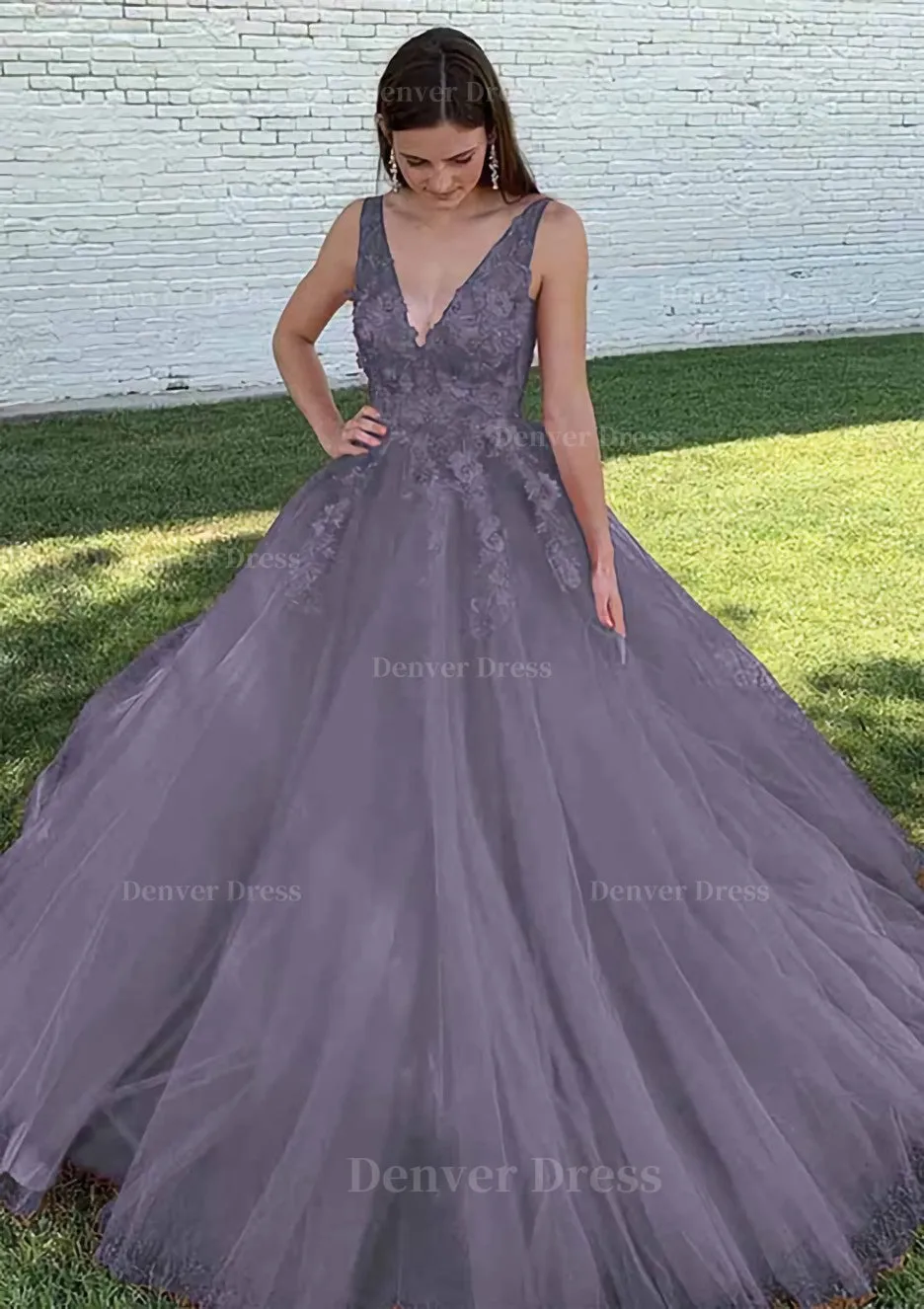 Ball Gown V Neck Court Train Lace Tulle Prom Dress With Appliqued Beading