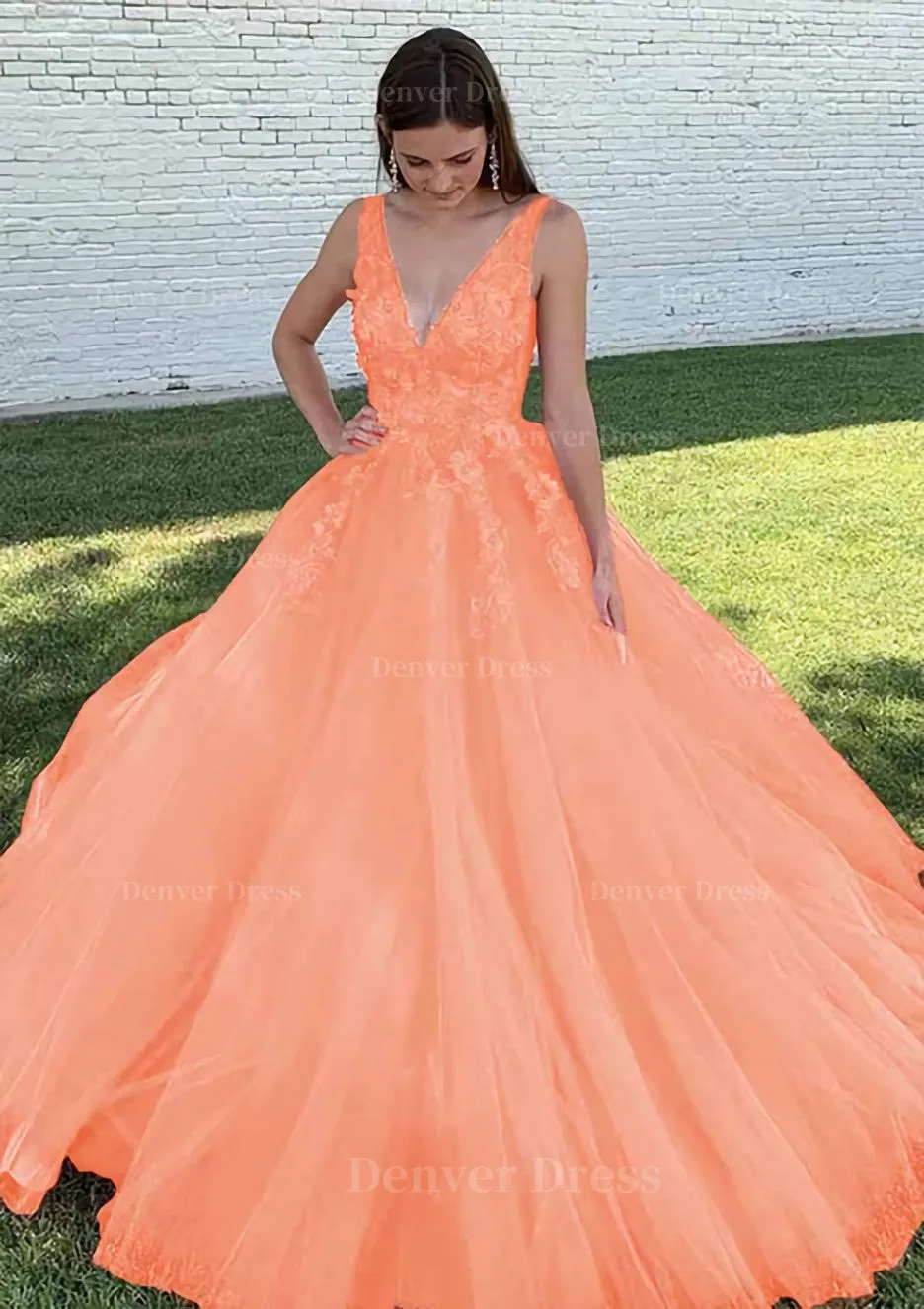 Ball Gown V Neck Court Train Lace Tulle Prom Dress With Appliqued Beading