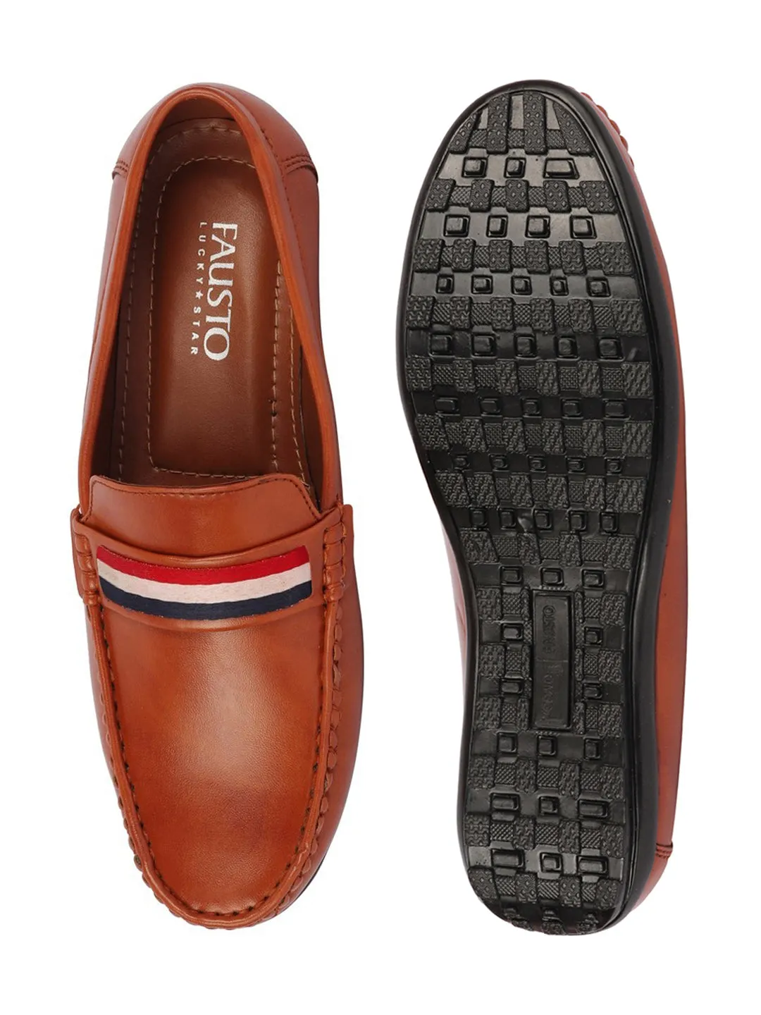 Basics Men Tan Colored Stripe Design Side Stitched Casual Slip On Loafers and Moccasin Shoes