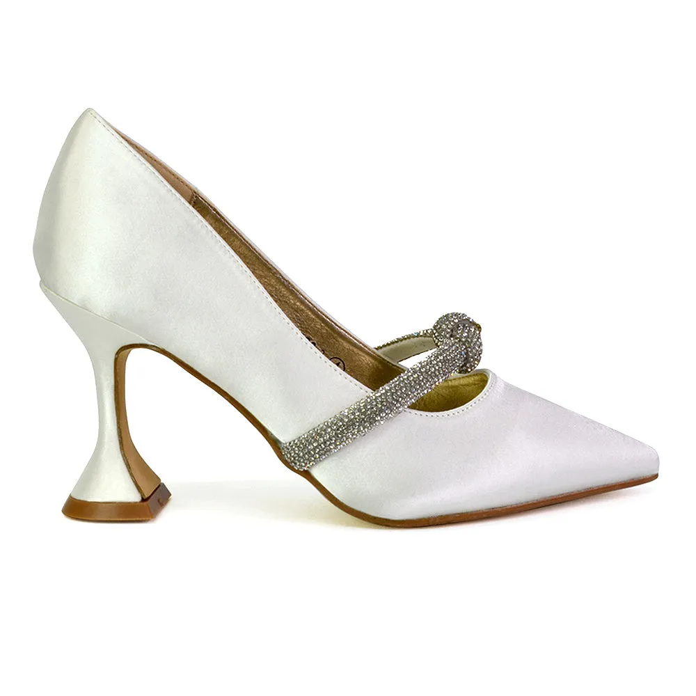 Beau Wedding Shoes Diamante Trim Satin Pointed Mid High Heel in Ivory