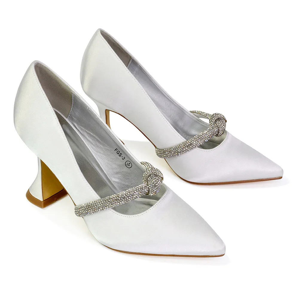 Beau Wedding Shoes Diamante Trim Satin Pointed Mid High Heel in Ivory