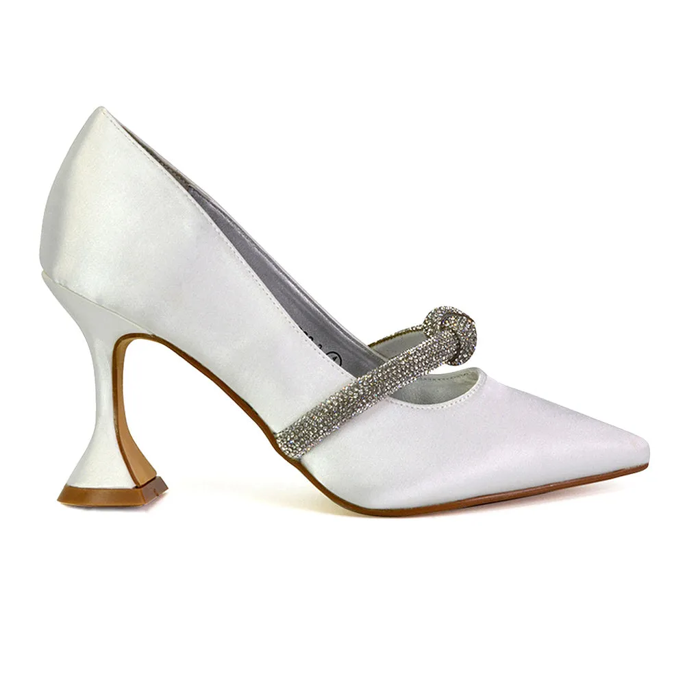 Beau Wedding Shoes Diamante Trim Satin Pointed Mid High Heel in Ivory