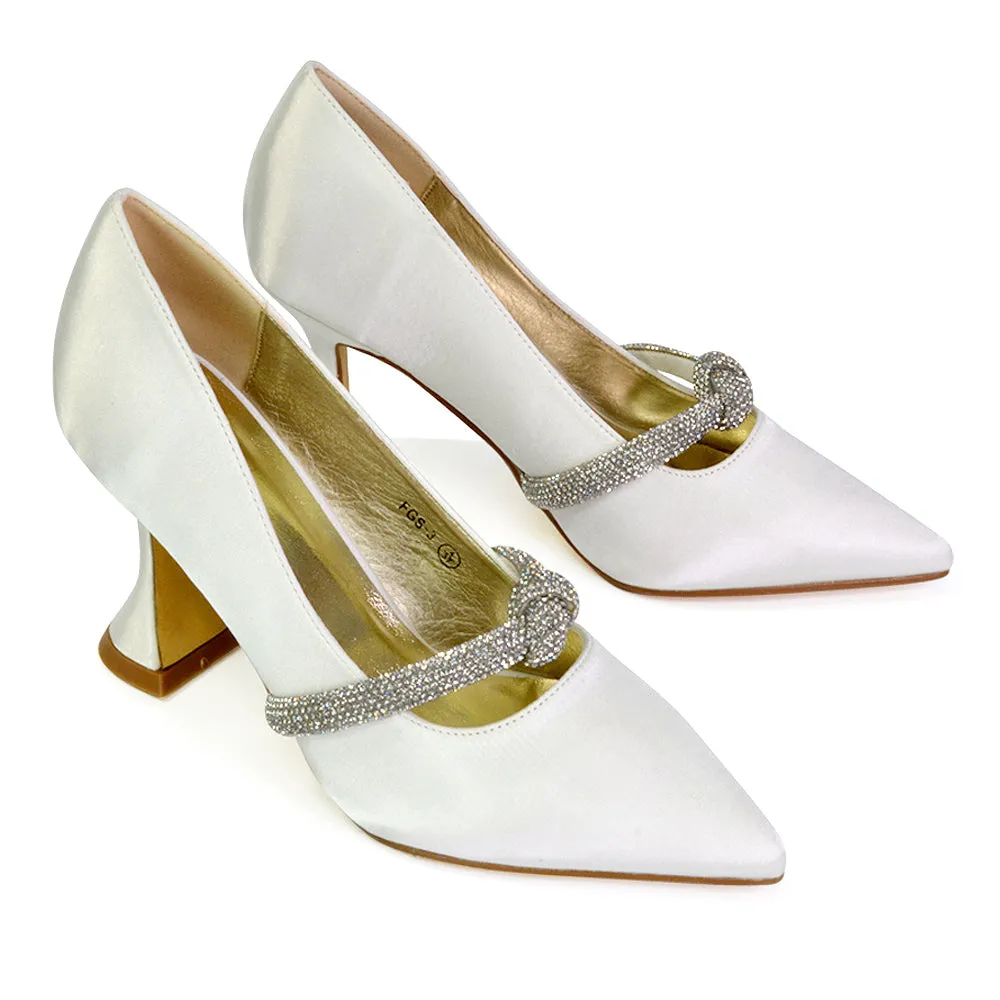 Beau Wedding Shoes Diamante Trim Satin Pointed Mid High Heel in Ivory