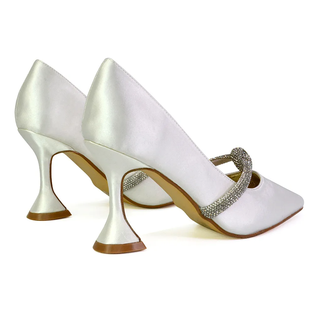 Beau Wedding Shoes Diamante Trim Satin Pointed Mid High Heel in Ivory