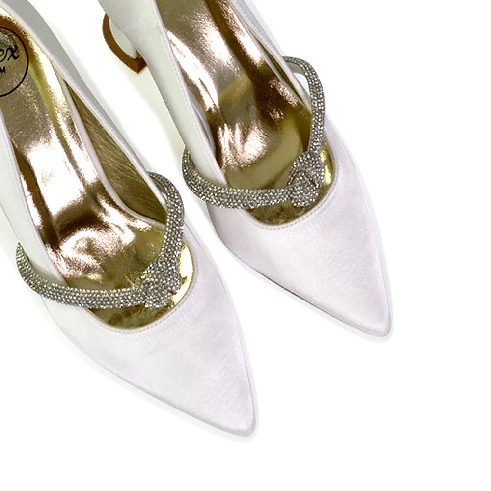 Beau Wedding Shoes Diamante Trim Satin Pointed Mid High Heel in Ivory