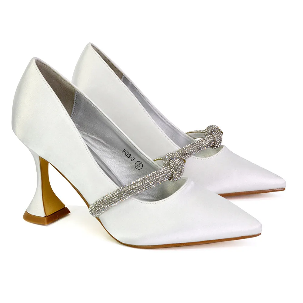 Beau Wedding Shoes Diamante Trim Satin Pointed Mid High Heel in Ivory