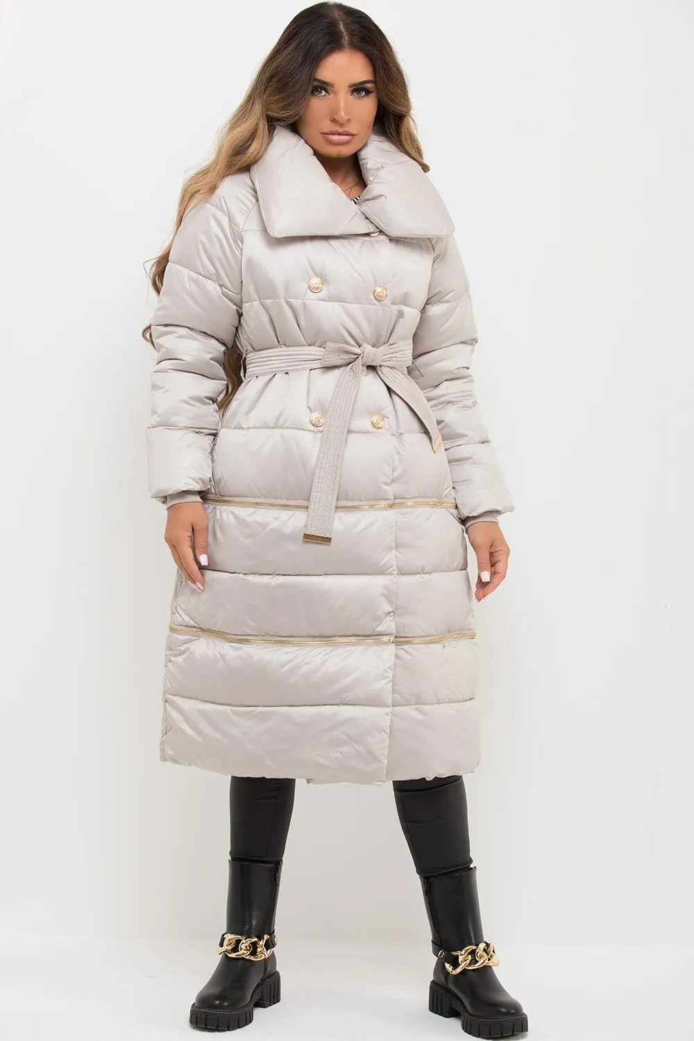 Beige Longline Puffer Coat With Gold Buttons