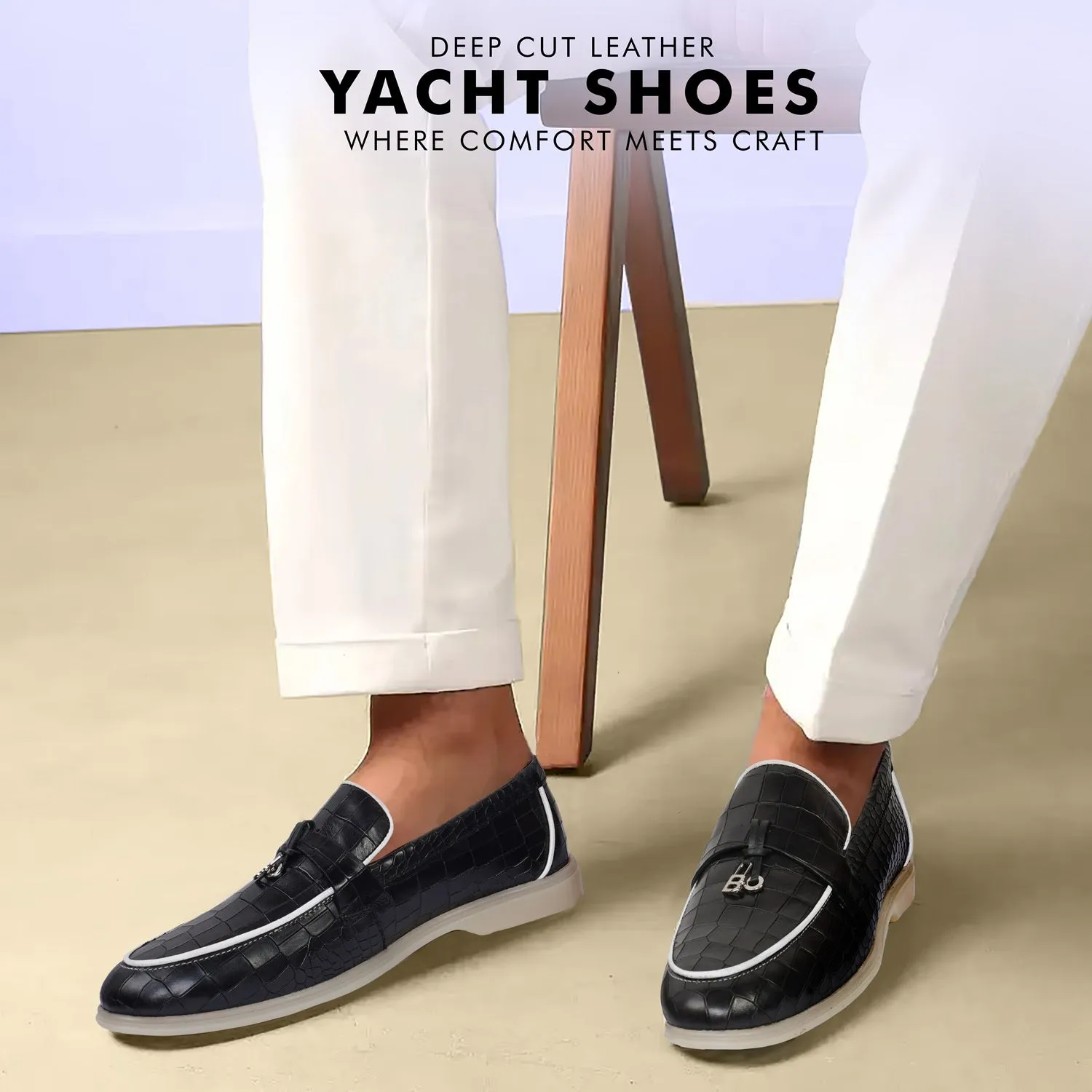 Black Deep Cut Yacht Loafers With Rubber Sole