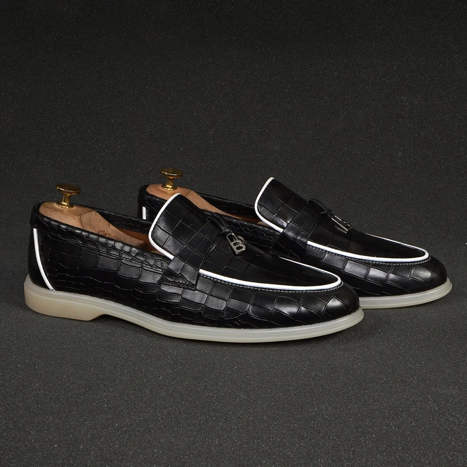 Black Deep Cut Yacht Loafers With Rubber Sole