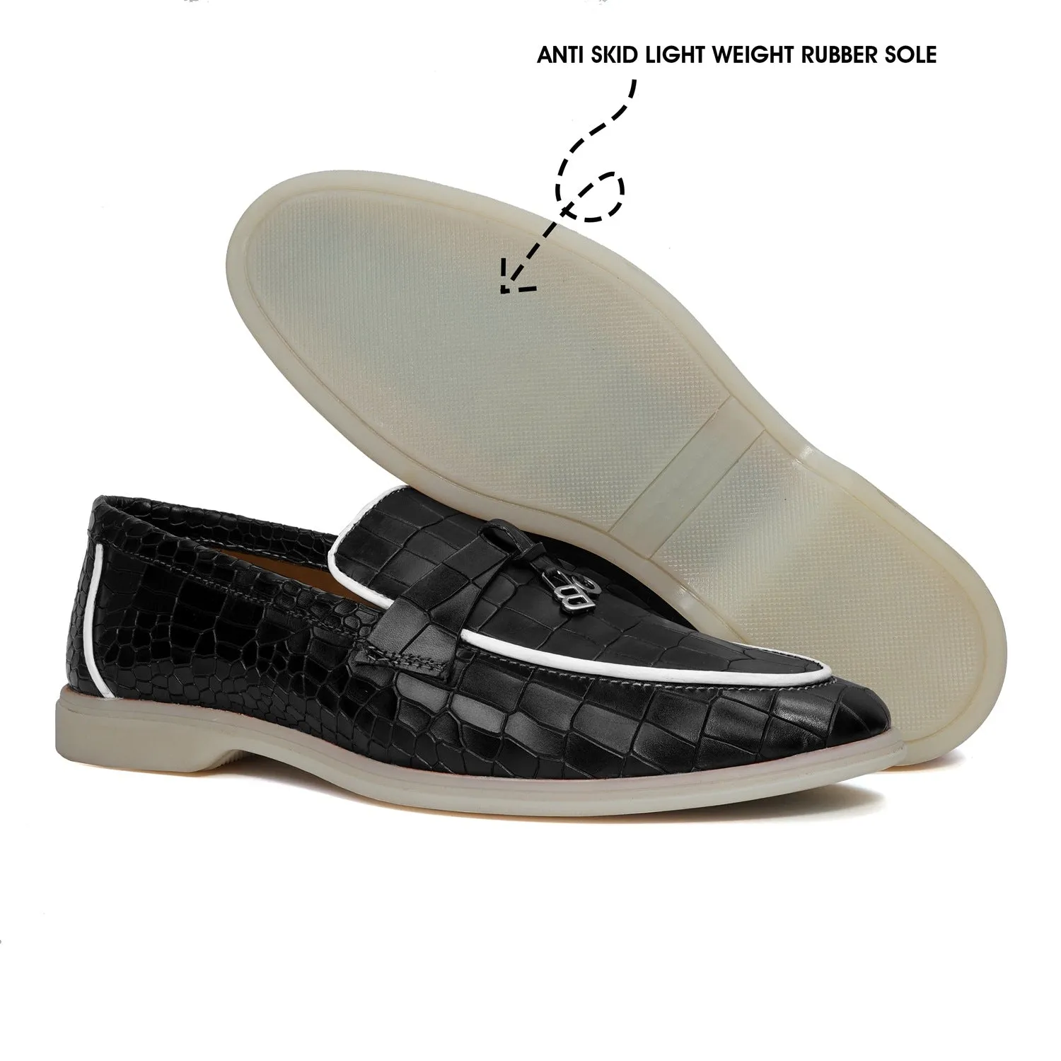 Black Deep Cut Yacht Loafers With Rubber Sole