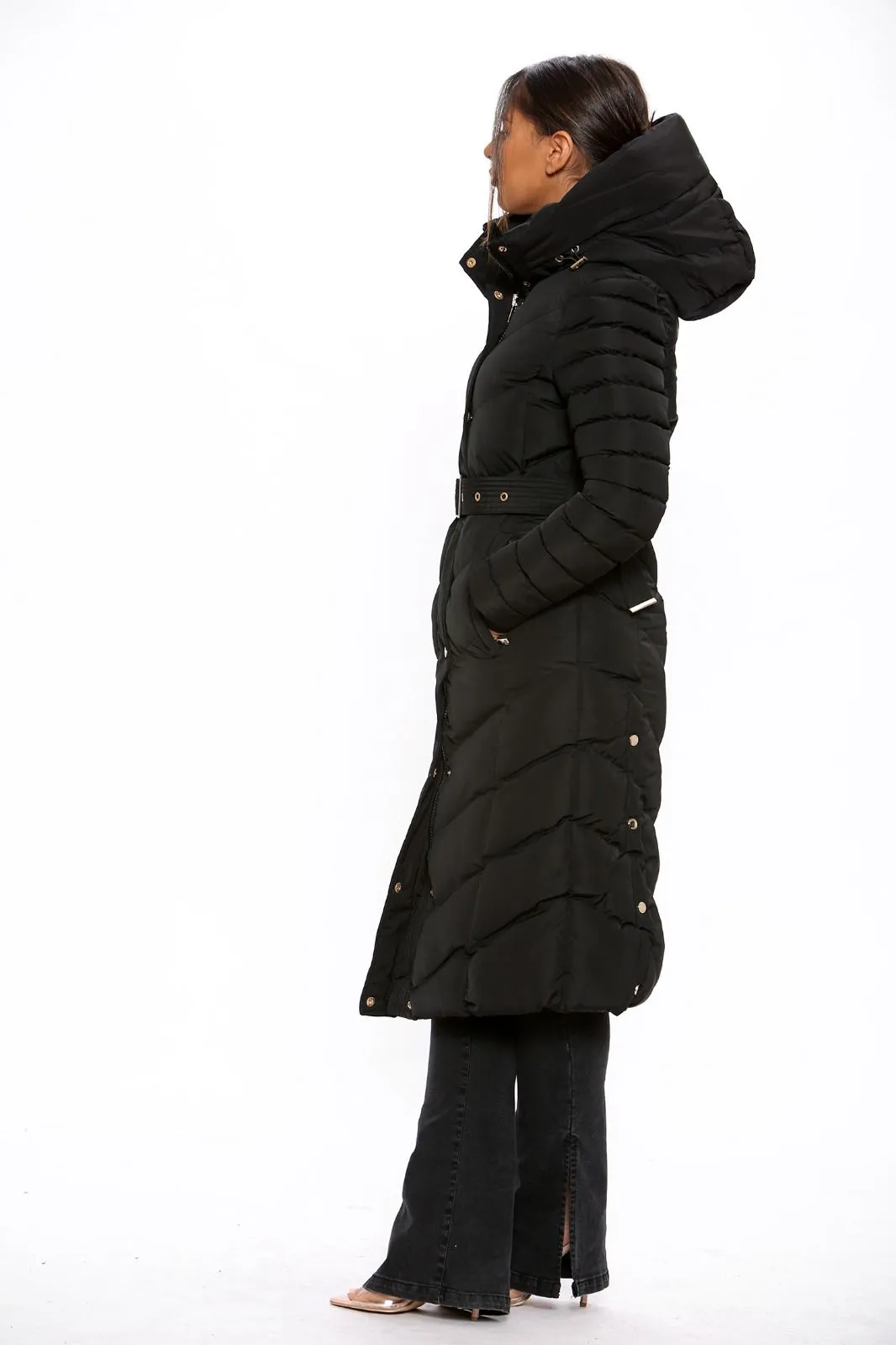 Black Long Full Sleeve  Puffer Padded Hooded With Front Button Belted Coat