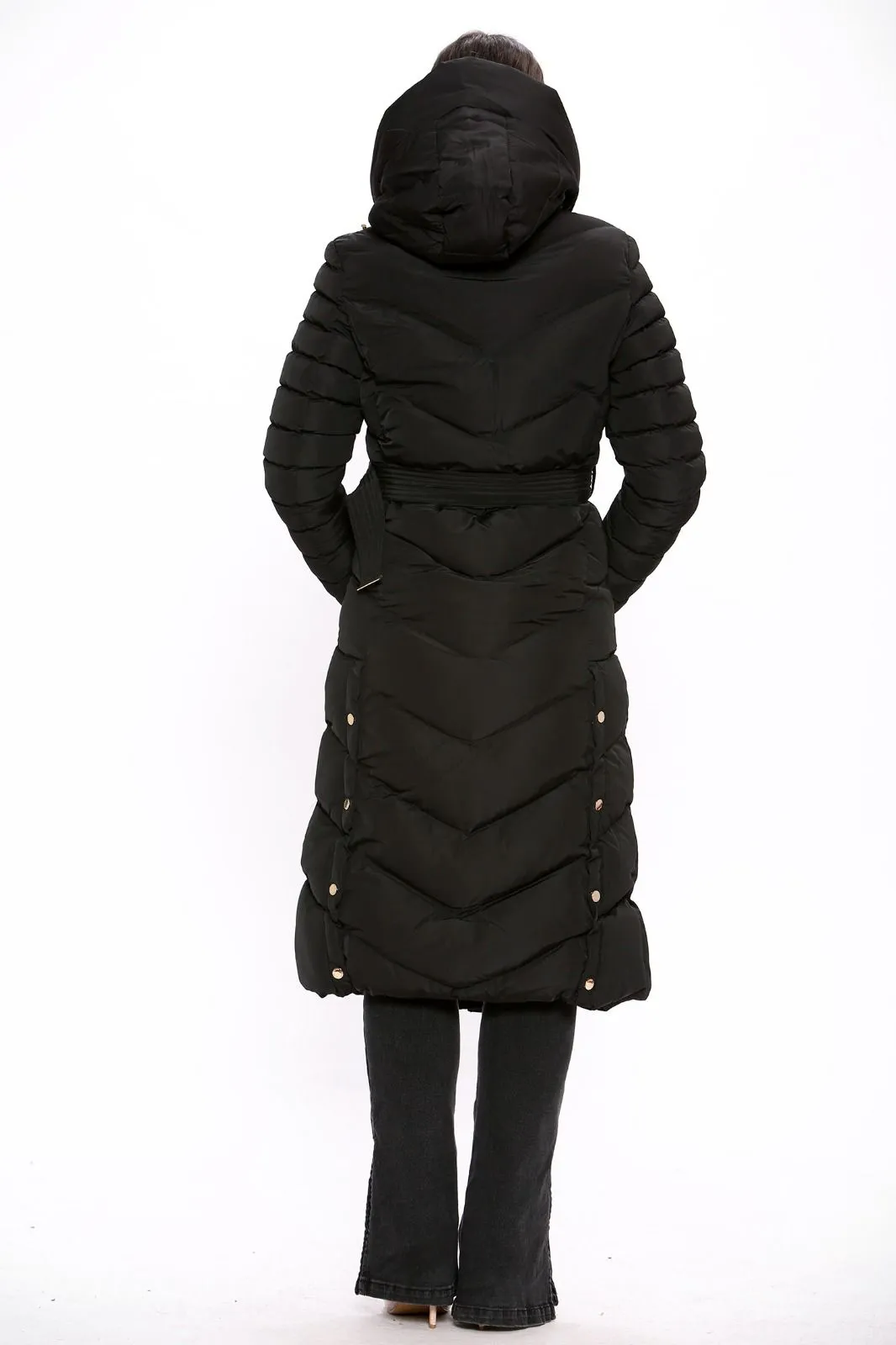 Black Long Full Sleeve  Puffer Padded Hooded With Front Button Belted Coat