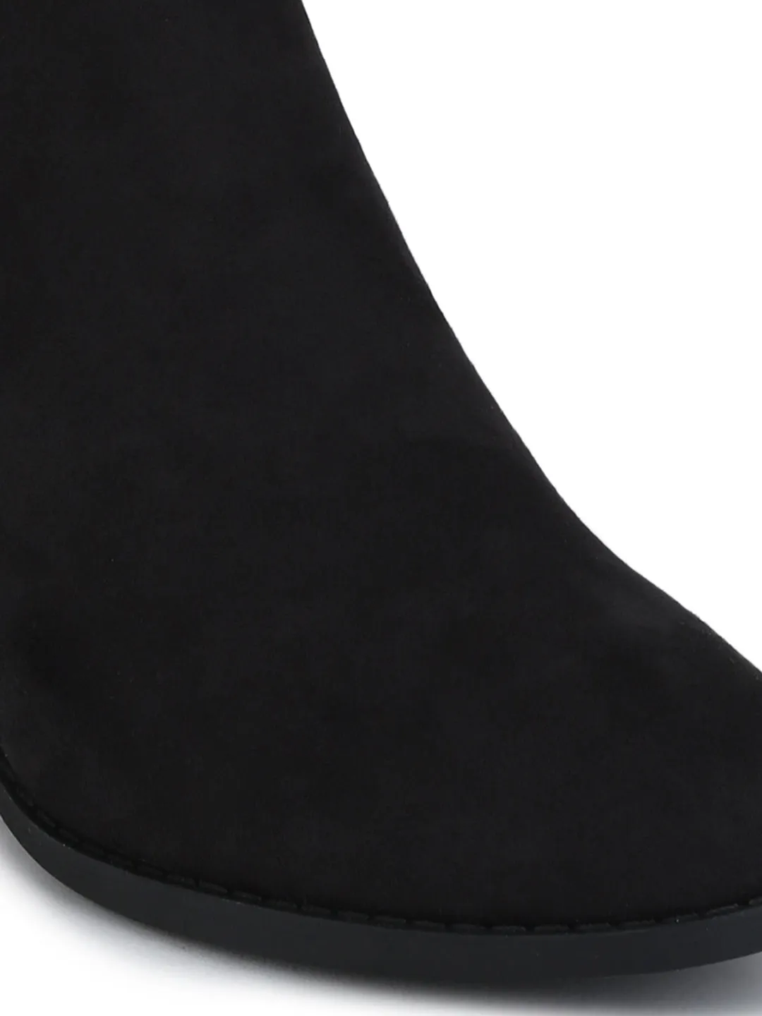 Black Micro Zipper Low Block Heel Ankle Length Boots