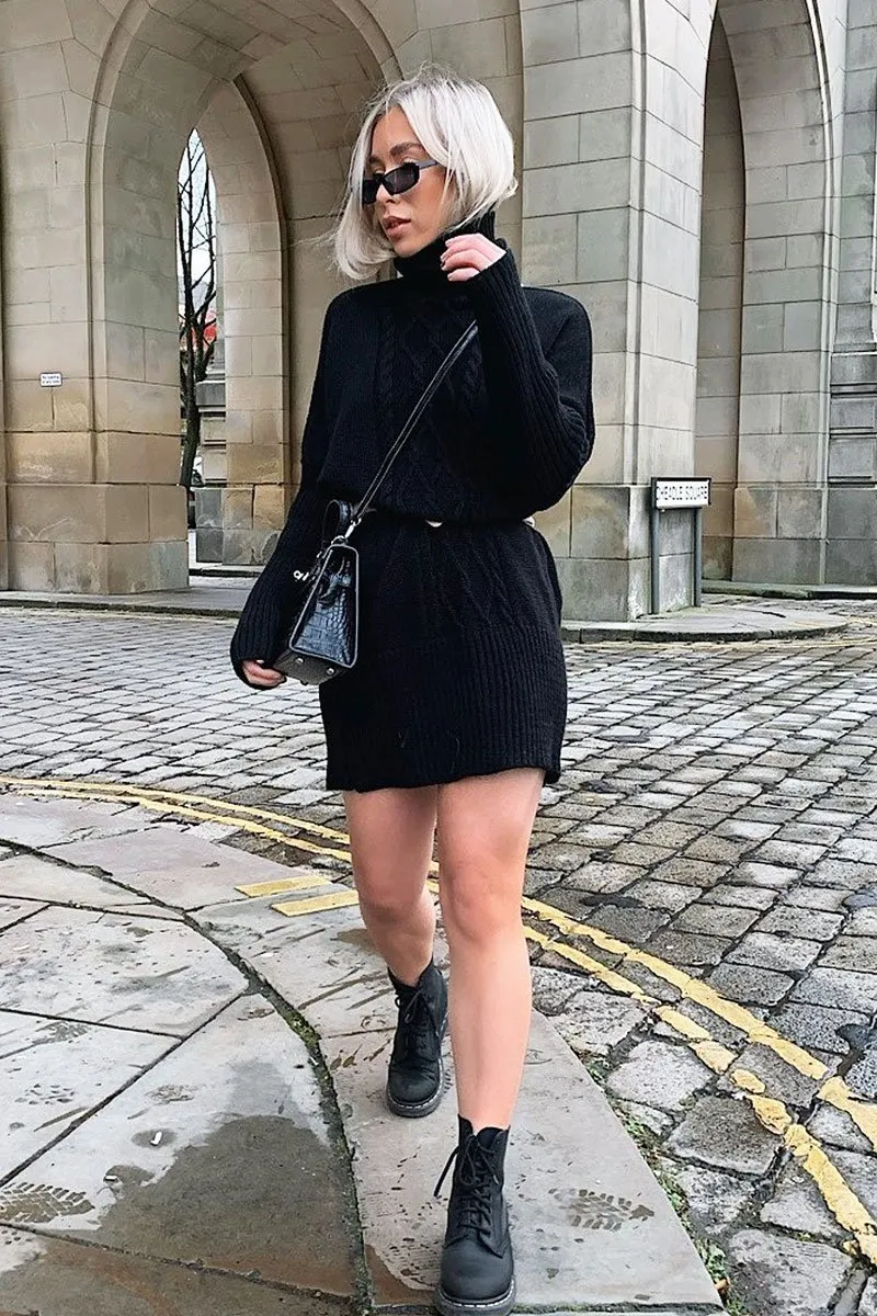 Black Oversized Knitted Turtle Neck Jumper Dress - Freyah