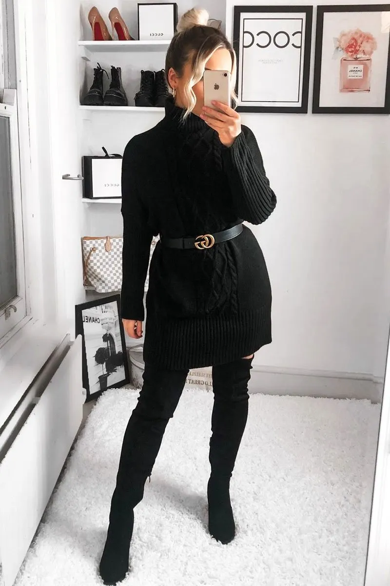 Black Oversized Knitted Turtle Neck Jumper Dress - Freyah