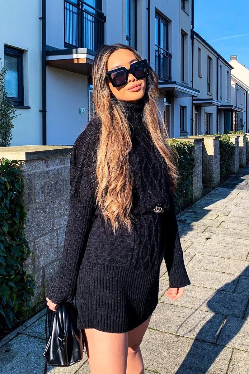 Black Oversized Knitted Turtle Neck Jumper Dress - Freyah