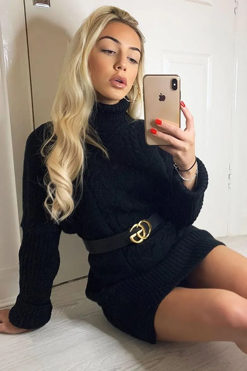 Black Oversized Knitted Turtle Neck Jumper Dress - Freyah