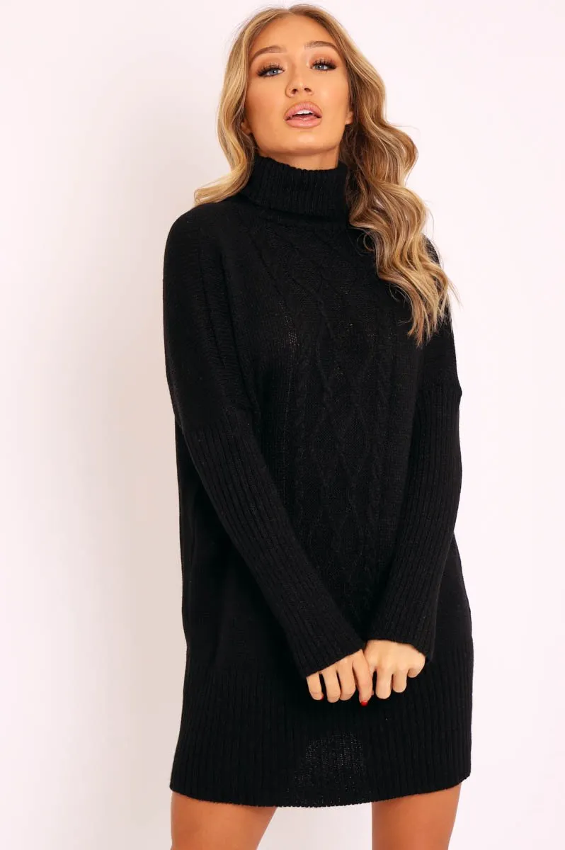 Black Oversized Knitted Turtle Neck Jumper Dress - Freyah