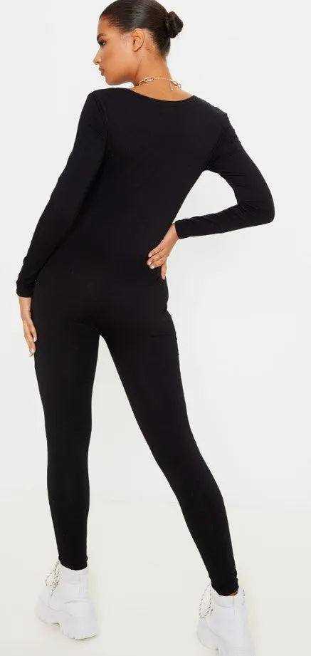 Black Seamless Cotton Elastane V Neck Jumpsuit