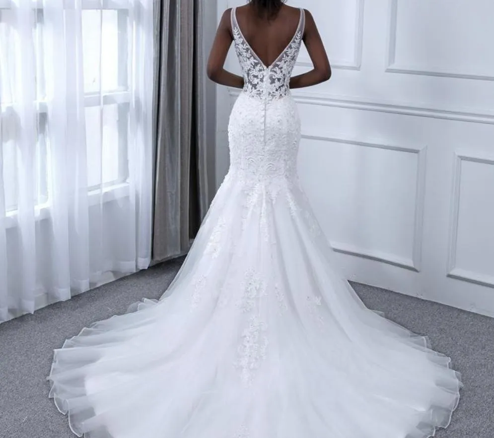 Bling Lace Mermaid V-Neck Wedding dress, Sexy Sleeveless Bridal Gown