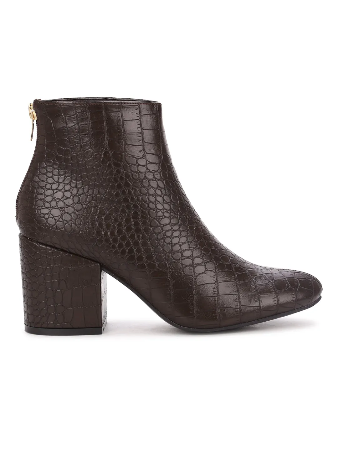 Brown Croc PU Back Zipper Low Heel Ankle Boots