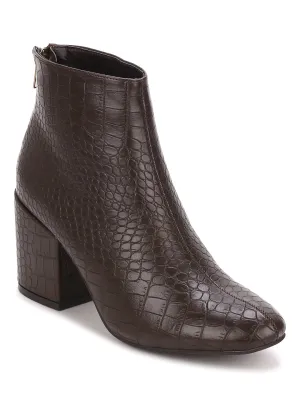 Brown Croc PU Back Zipper Low Heel Ankle Boots