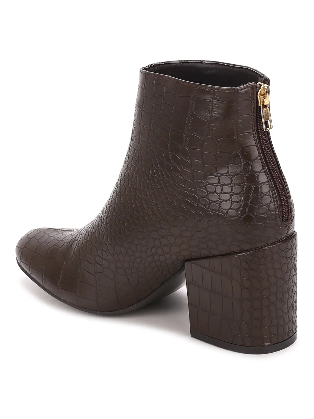 Brown Croc PU Back Zipper Low Heel Ankle Boots