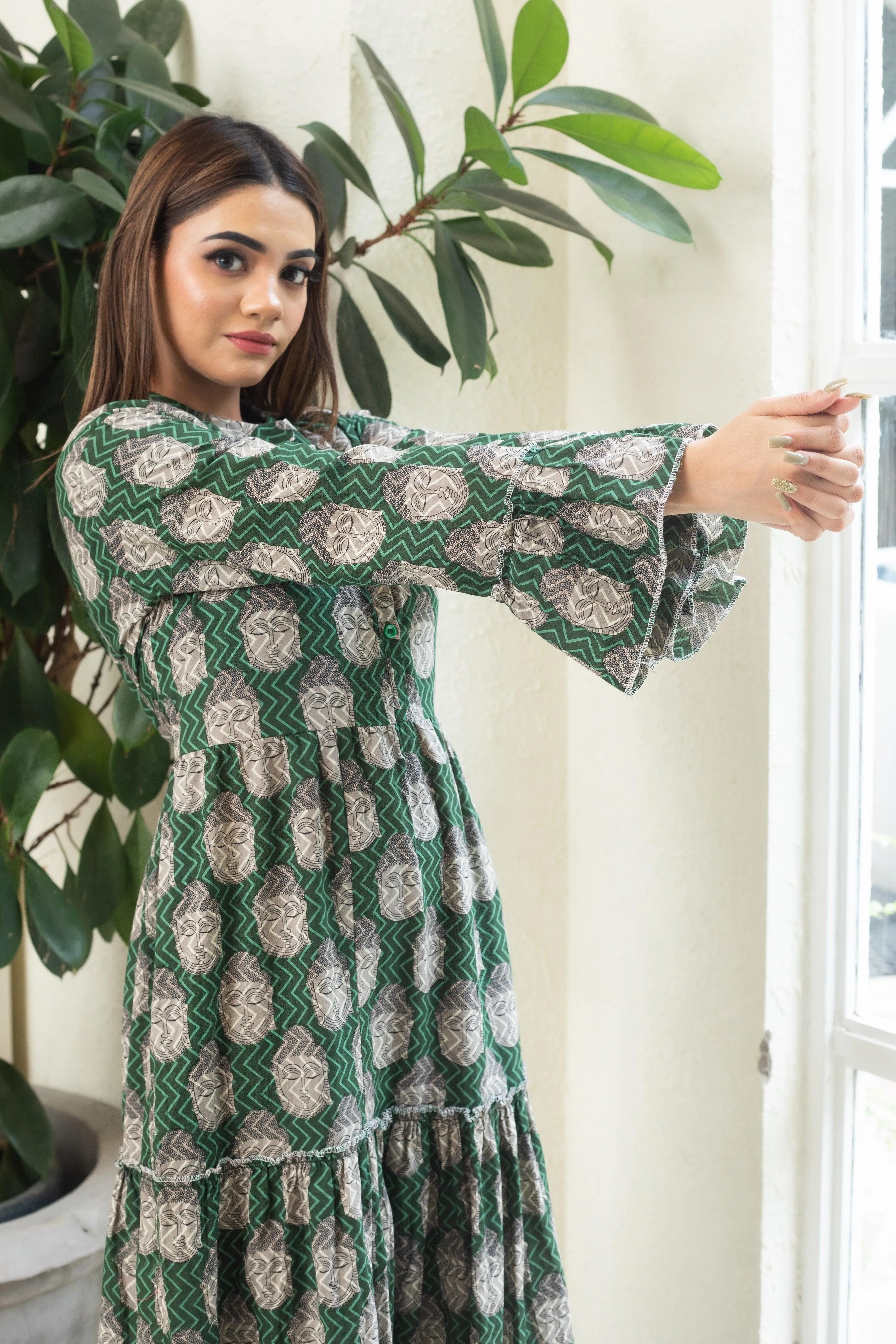 BUDDHA GREEN HANDBLOCK DRESS