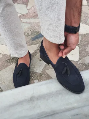 Buy Navy Blue Suede Tassel Loafers by GentWith.com with Free Shipping