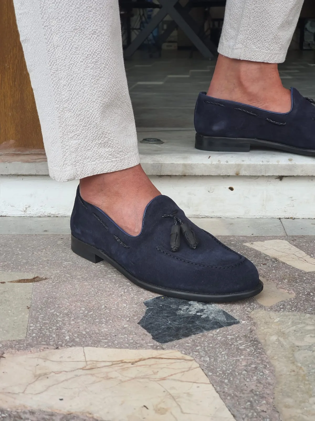 Buy Navy Blue Suede Tassel Loafers by GentWith.com with Free Shipping