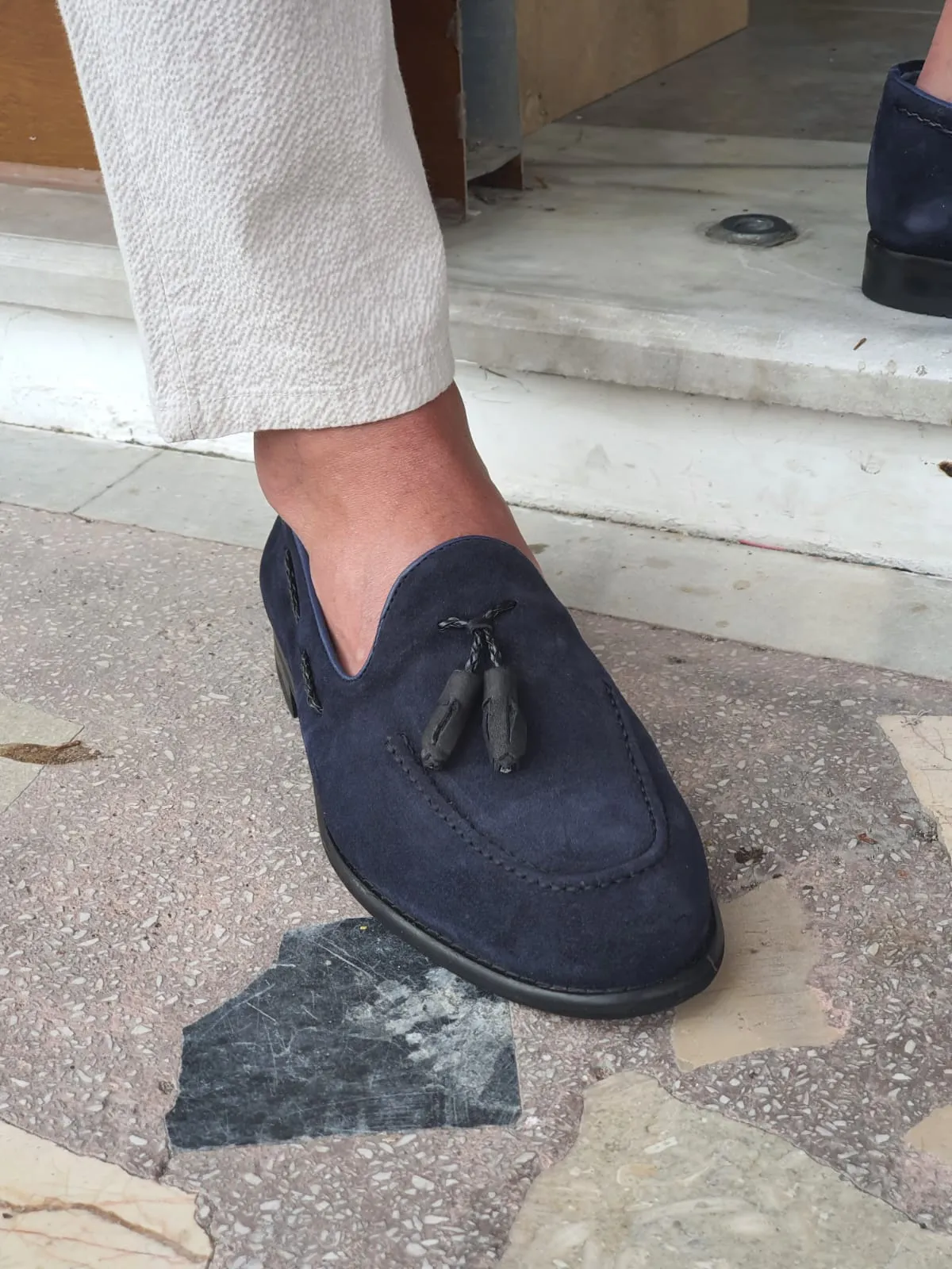 Buy Navy Blue Suede Tassel Loafers by GentWith.com with Free Shipping