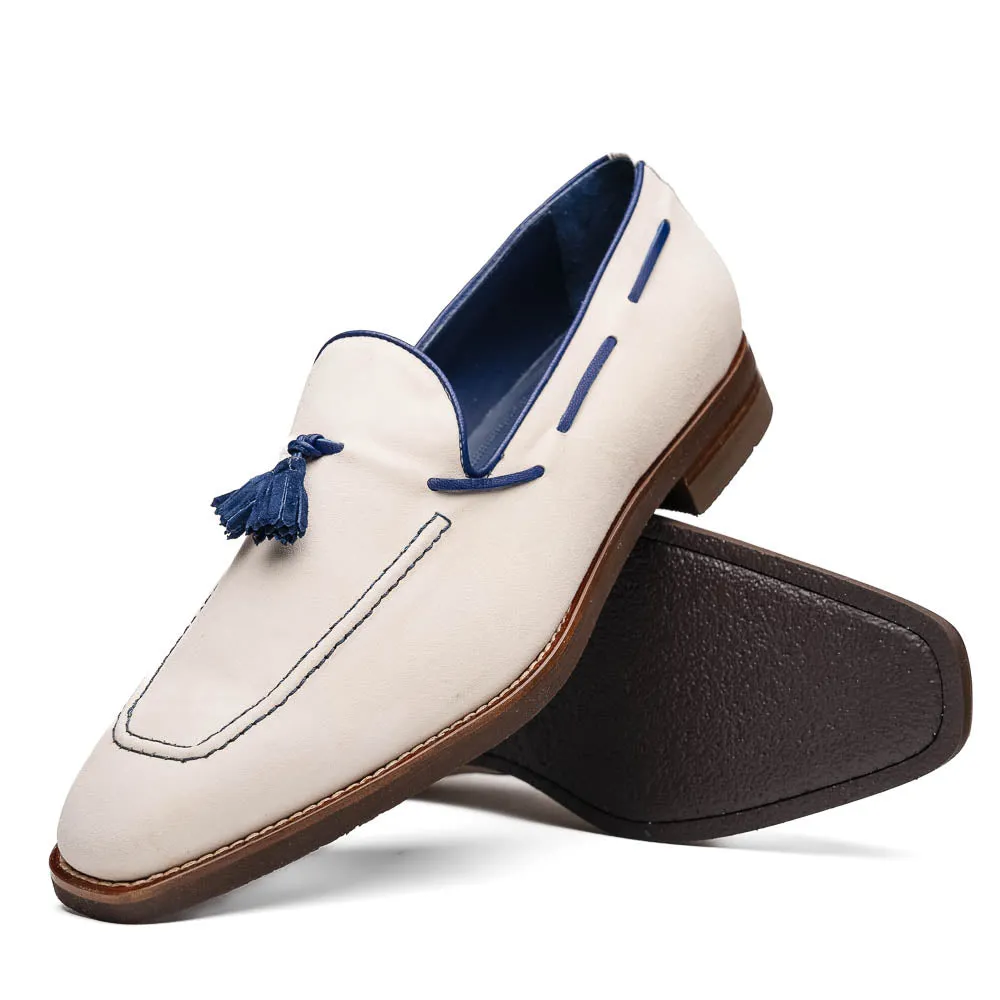 Carmen Sueded Goatskin & Crocodile Tassel Loafer in Sand by Zelli Italia