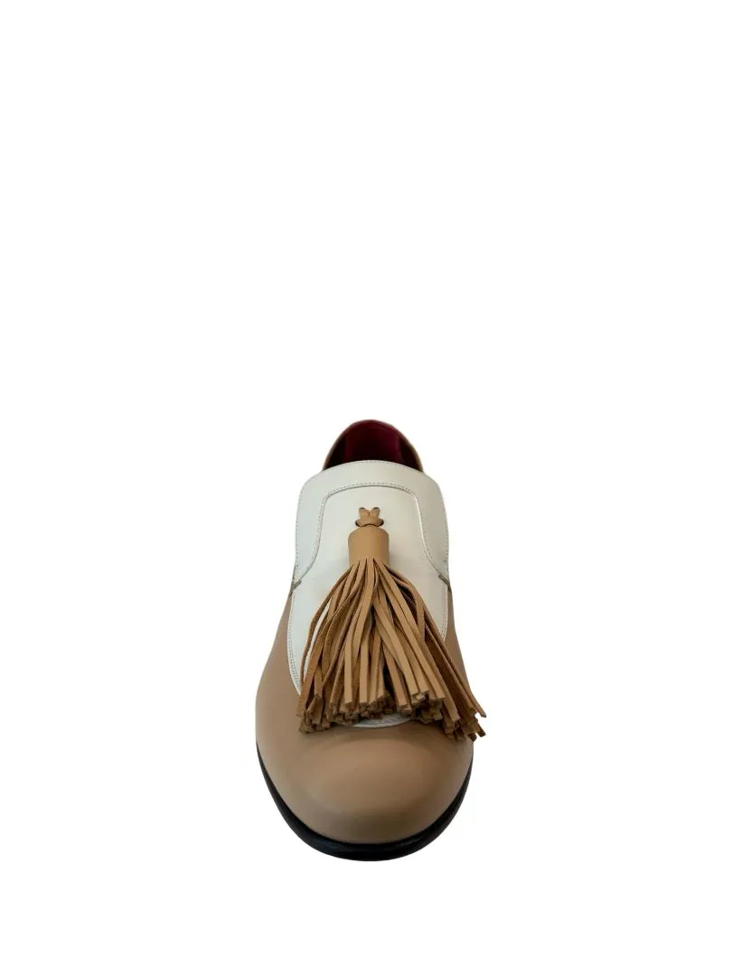 Celine Beige / White Leather Tassel Accent Heeled Loafers. Size: 39