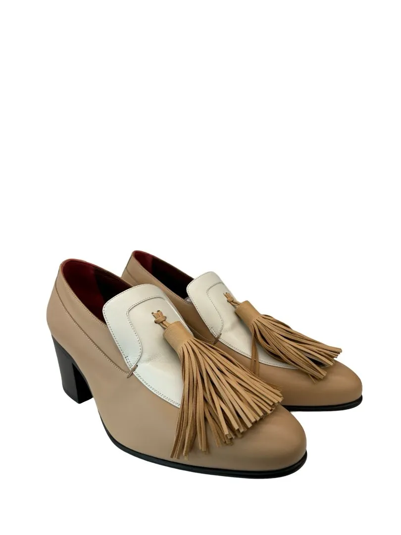 Celine Beige / White Leather Tassel Accent Heeled Loafers. Size: 39