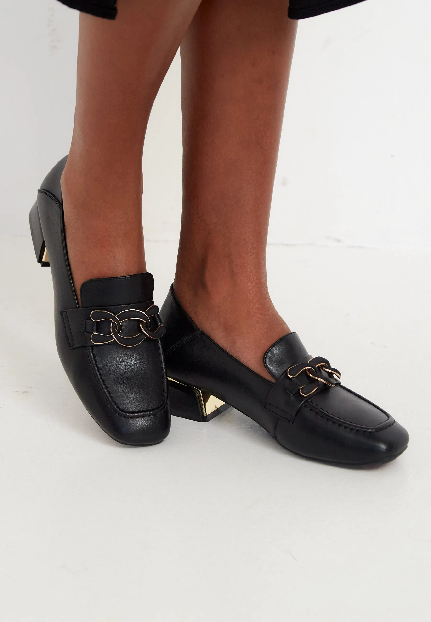 Chain Embellished Leather Loafers - Black