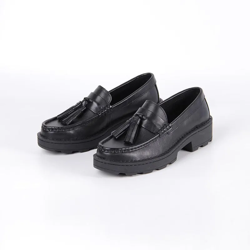 Classic Leather Tassel Loafers For Women Soft Chunky Slip-On In Black/Gray/Brown