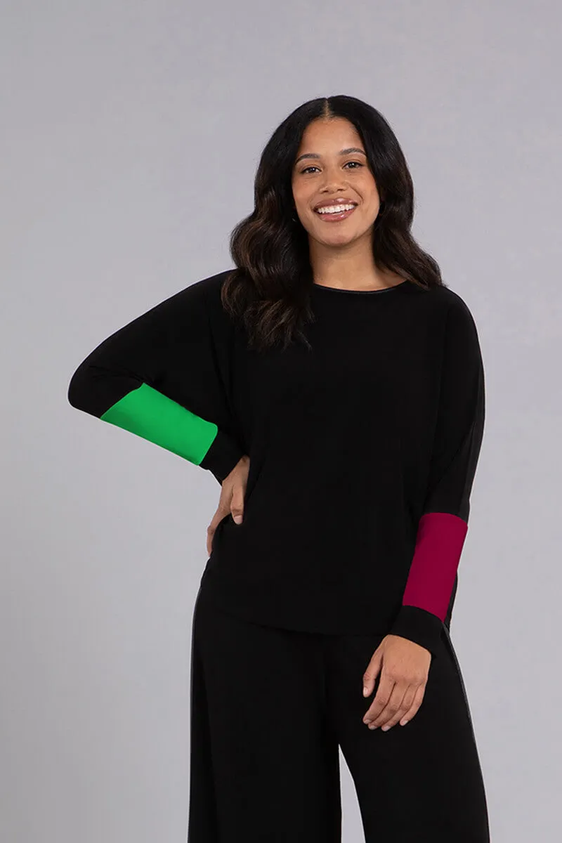 Colour Block Sleeve Nu Cinch Top | Black/Kelly/Magenta