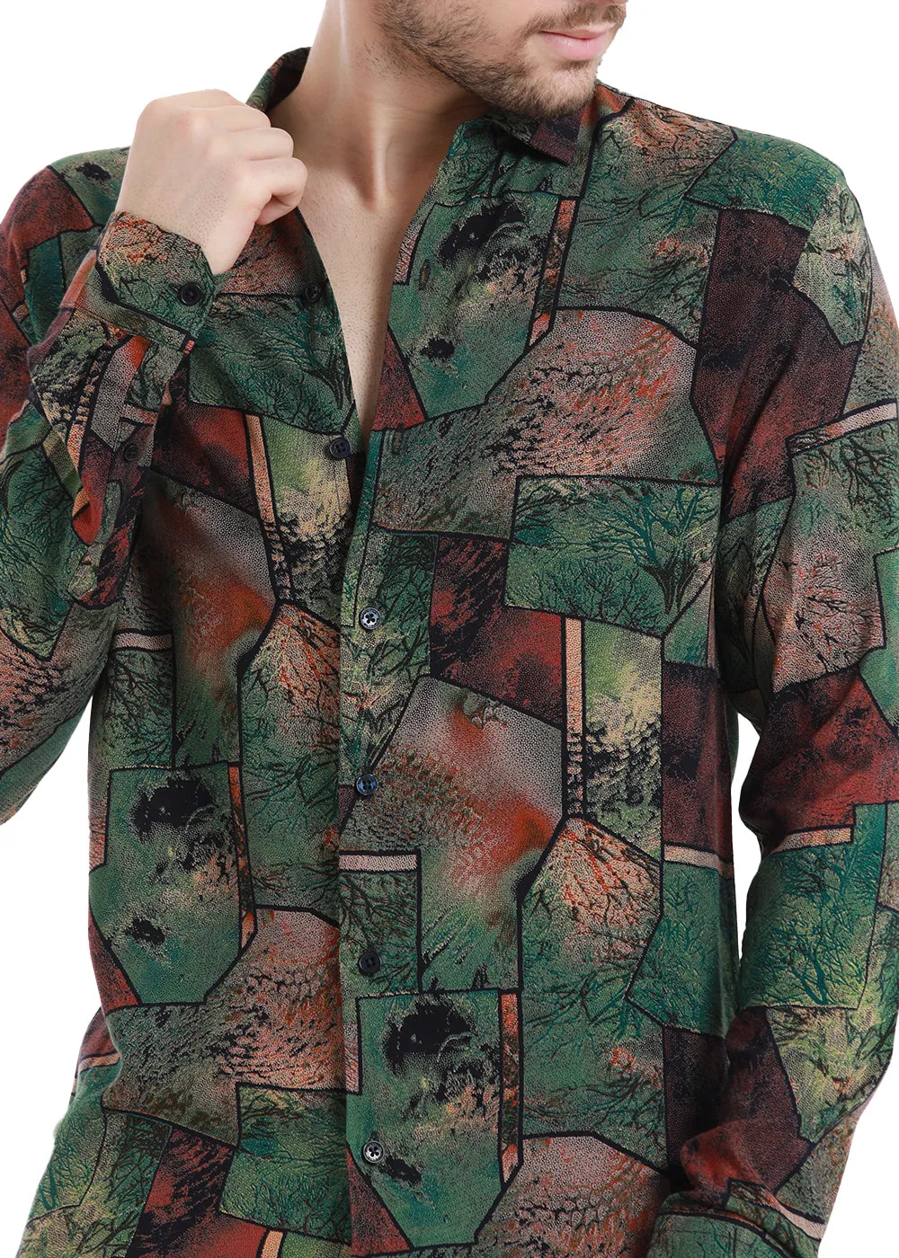 Copac Moss Green Printed Feather Shirt