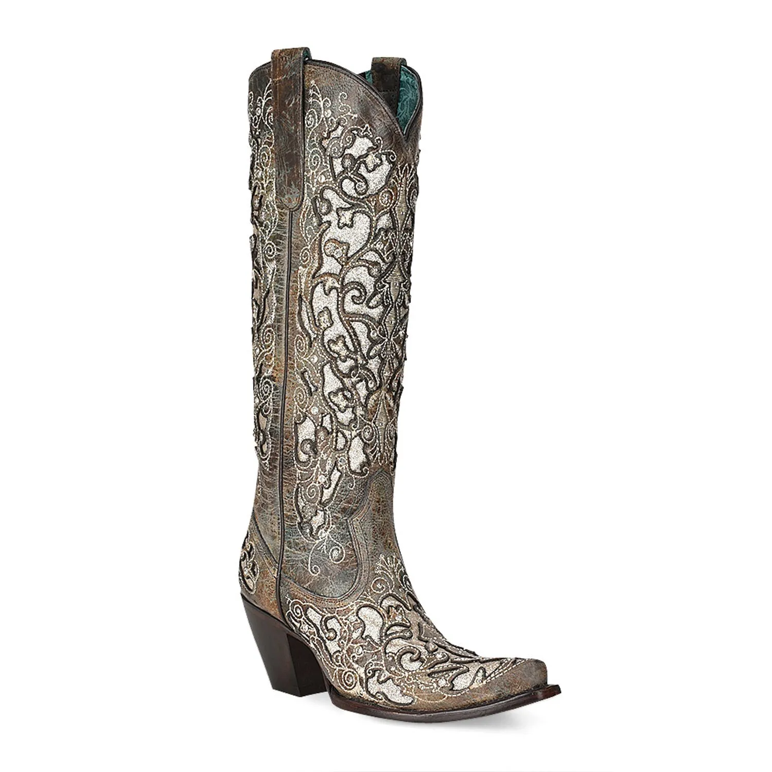 Corral Womens Floral Overlay Tall Studs Silver Cowhide 16.5in Cowboy Boots