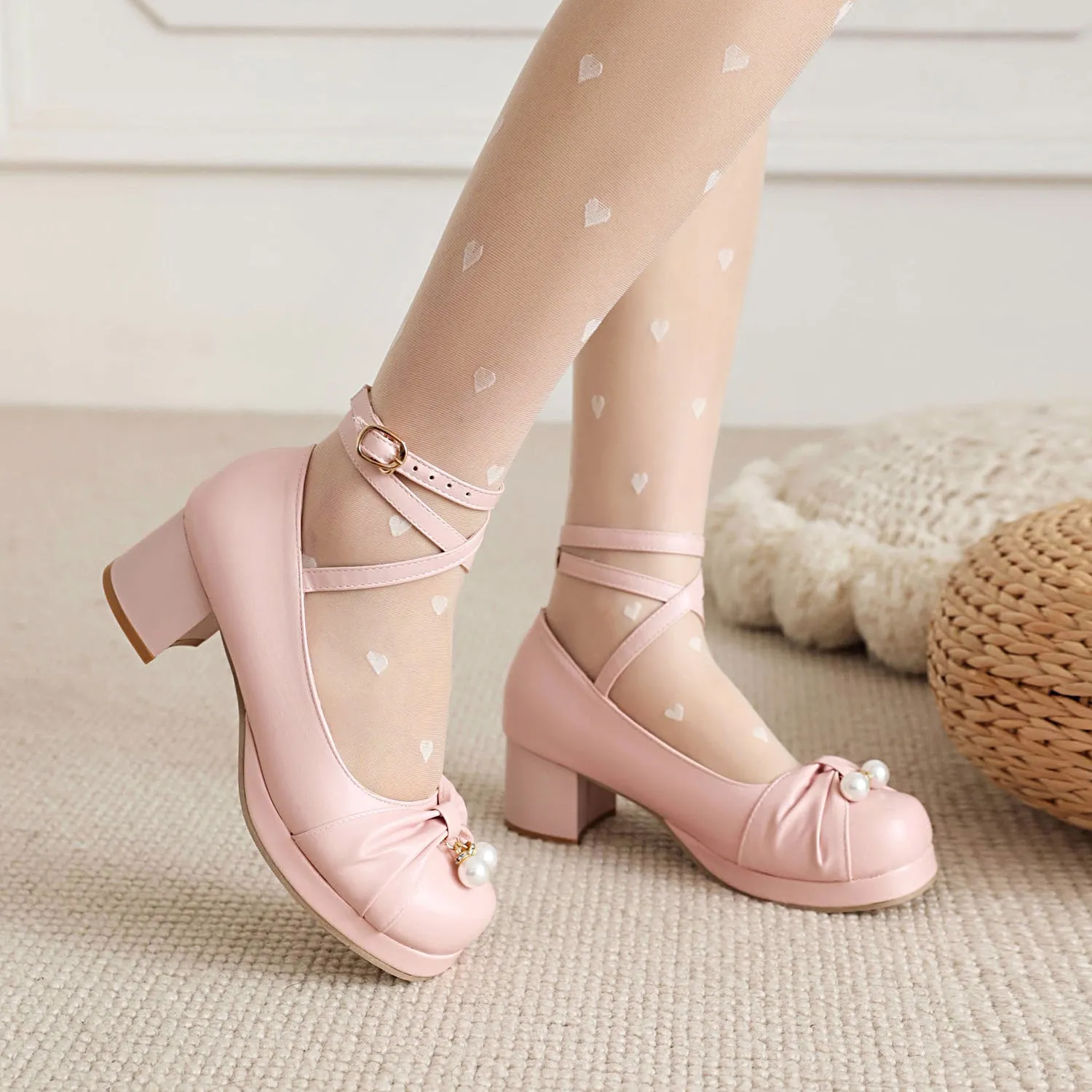 Cute Pearl Cross Strap Lolita Japanese Mary Jane Shoes